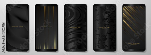 Phone wallpaper (Smartphone background). Digital black graphic art design with dark, gold line pattern. Abstract vector backdrop useful for premium online shop, web banner template, formal e-invite