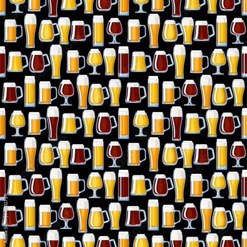 Oktoberfest background. Beer mugs seamless pattern, vector illustration.  Texture for fabric, wrapping, wallpaper. Decorative print.