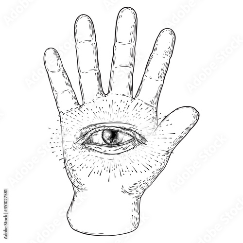 Fortune teller hand. Palmistry with all seeing eye. Magic alchemy spirituality symbol. Hand drawn sketchy palm reading with mystic and occult hand drawn esoteric eye. Vector.