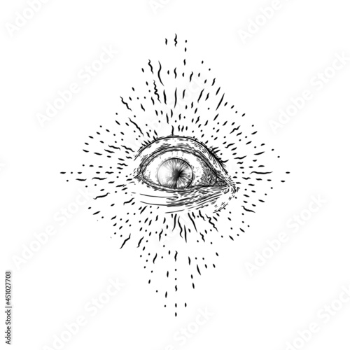 All seeing eye symbol element variation. Alchemy, religion, spirituality and occultism tattoo ink art. Vision of providence and conspiracy theory. Hand drawing in flash tattoo style artwork. Vector.