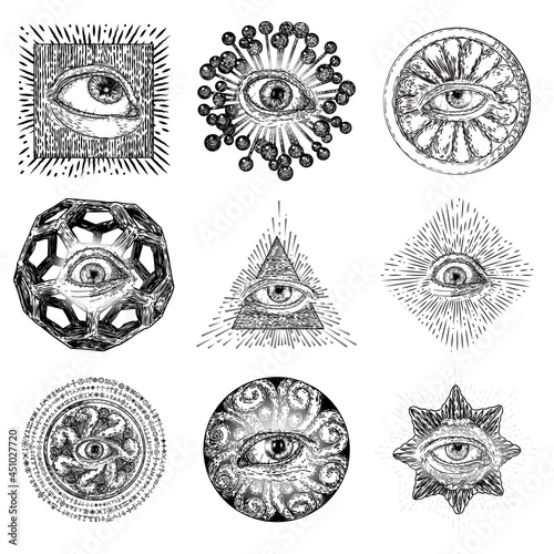 Set of All Seeing Eye symbols elements variation. Alchemy, religion, spirituality and occultism tattoo ink art. Vision of providence and conspiracy theory. Hand drawing in flash tattoo artwork. Vector