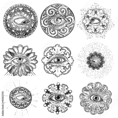 Set of All Seeing Eye symbols elements variation. Alchemy, religion, spirituality and occultism tattoo ink art. Vision of providence and conspiracy theory. Hand drawing in flash tattoo artwork. Vector