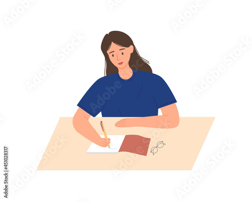 Young female student writing exam on paper. Vector illustration