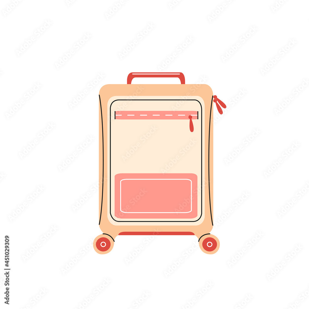 Travel suitcase flat vector illustration. Vacation bag on wheels cartoon design element. Heavy luggage icon. Travel suitcase flat vector illustration. Vacation bag on wheels cartoon design element. Heavy luggage icon.