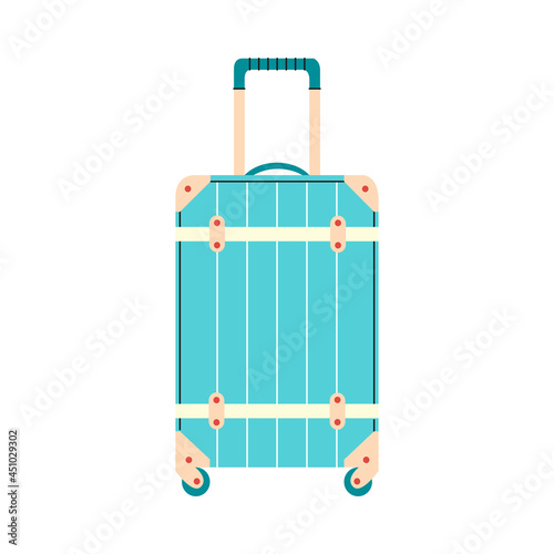 Travel suitcase flat vector illustration. Vacation bag on wheels cartoon design element. Heavy luggage icon.