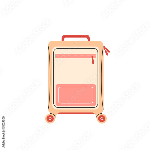 Travel suitcase flat vector illustration. Vacation bag on wheels cartoon design element. Heavy luggage icon.