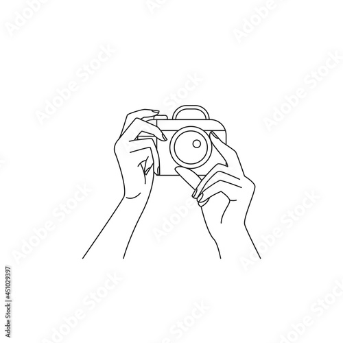 Hands holding camera outline vector illustration. Photo shoot contour design element. 