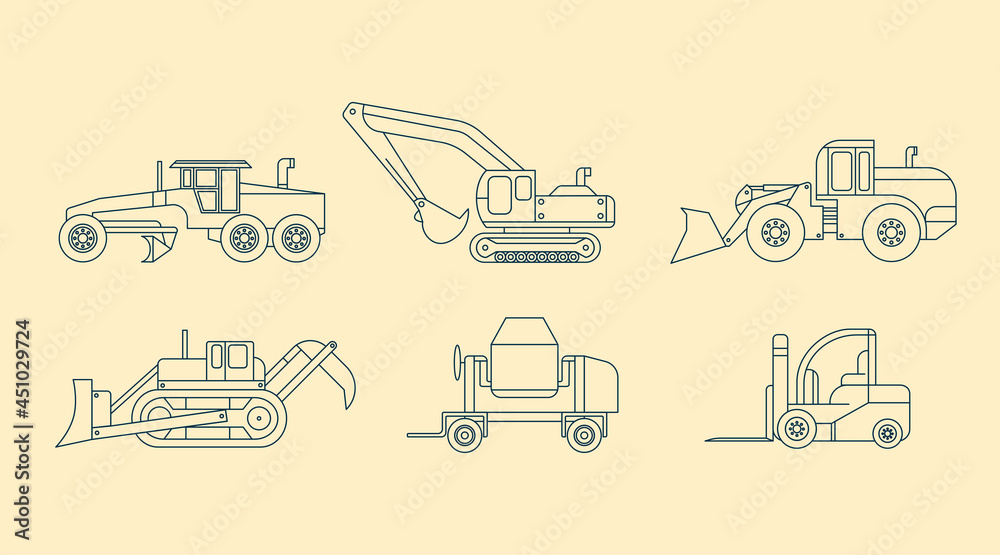 Industrial Vehicles elements collection. Bulldozer, excavator,  truck, tractor isolated set. Different factory machines in trendy outline design.