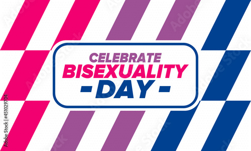 Celebrate Bisexuality Day. Bisexual Pride and Bi Visibility Day. Bisexual flag. Coming out. Celebrated annual in September 23. Festival and parade. Poster, card, banner, template, background. Vector
