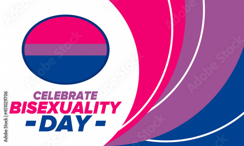 Celebrate Bisexuality Day. Bisexual Pride and Bi Visibility Day. Bisexual flag. Coming out. Celebrated annual in September 23. Festival and parade. Poster, card, banner, template, background. Vector