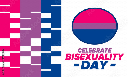 Celebrate Bisexuality Day. Bisexual Pride and Bi Visibility Day. Bisexual flag. Coming out. Celebrated annual in September 23. Festival and parade. Poster, card, banner, template, background. Vector