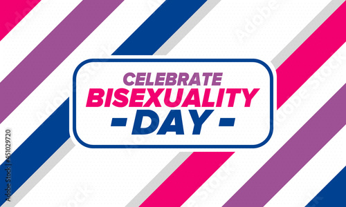 Celebrate Bisexuality Day. Bisexual Pride and Bi Visibility Day. Bisexual flag. Coming out. Celebrated annual in September 23. Festival and parade. Poster, card, banner, template, background. Vector