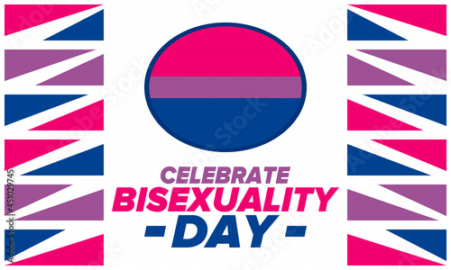 Celebrate Bisexuality Day. Bisexual Pride and Bi Visibility Day. Bisexual flag. Coming out. Celebrated annual in September 23. Festival and parade. Poster, card, banner, template, background. Vector