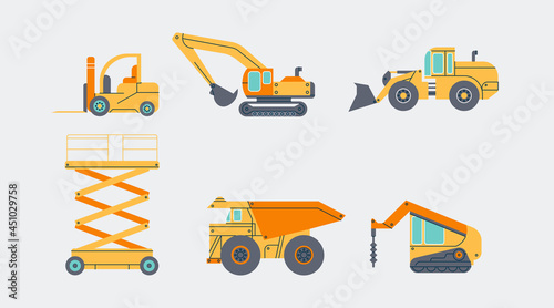 Industrial Vehicles elements collection. Bulldozer, excavator, truck, tractor isolated set. Different factory machines in trendy flat design.