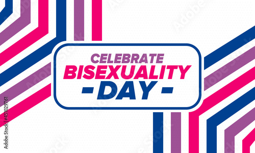 Celebrate Bisexuality Day. Bisexual Pride and Bi Visibility Day. Bisexual flag. Coming out. Celebrated annual in September 23. Festival and parade. Poster, card, banner, template, background. Vector