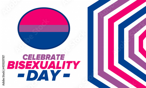 Celebrate Bisexuality Day. Bisexual Pride and Bi Visibility Day. Bisexual flag. Coming out. Celebrated annual in September 23. Festival and parade. Poster, card, banner, template, background. Vector
