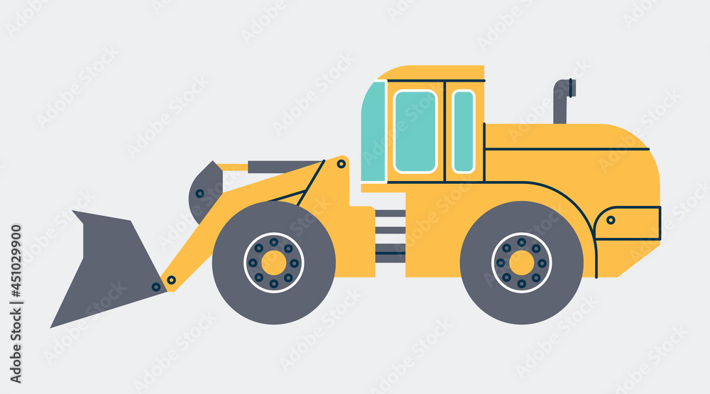 Front End Loader isolated simple flat vector illustration. Industrial excavator machine design element Front End Loader isolated simple flat vector illustration. Industrial excavator machine design element