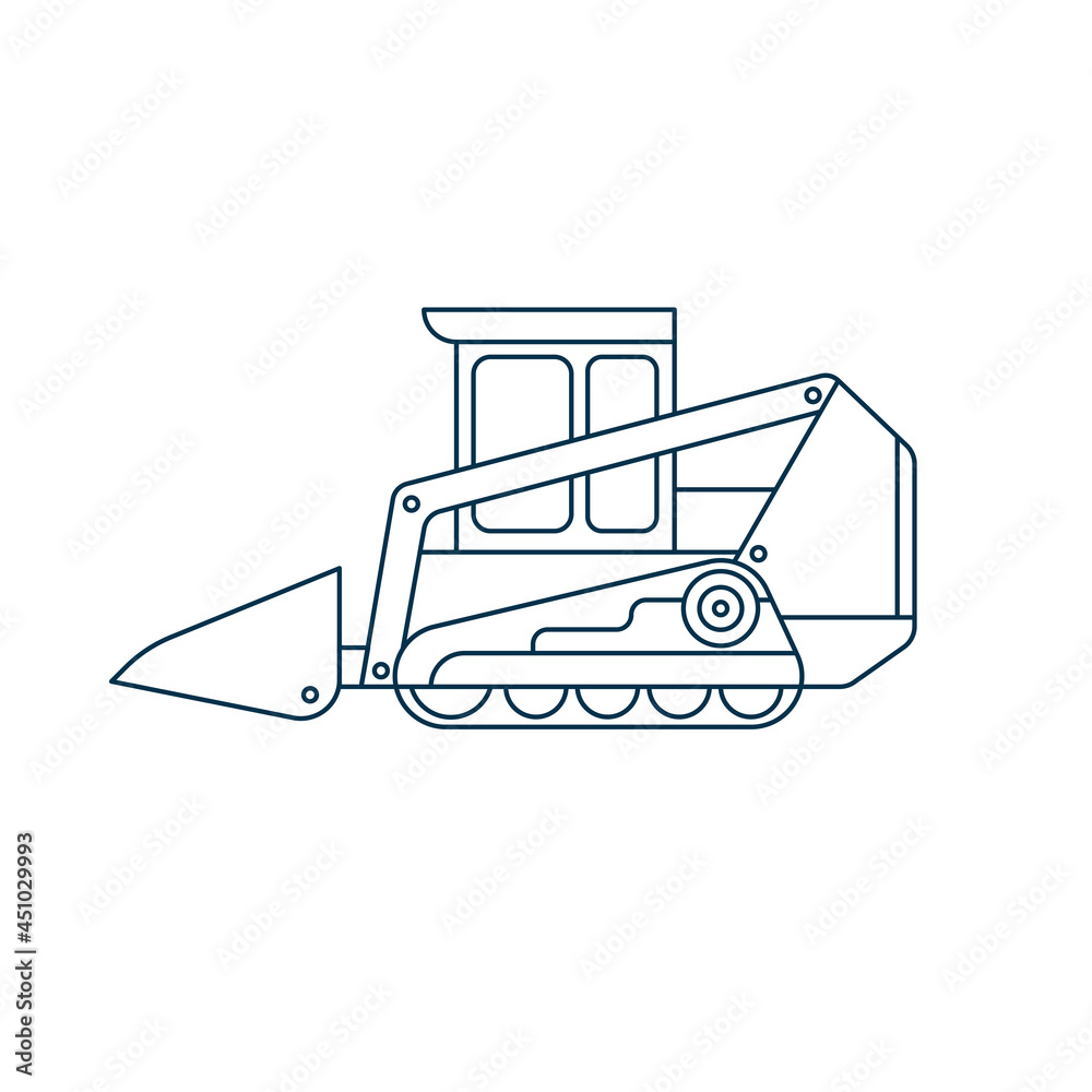 Tracked loader outline vector illustration. Excavator industrial machine contour design element. Building tractor in simple style.