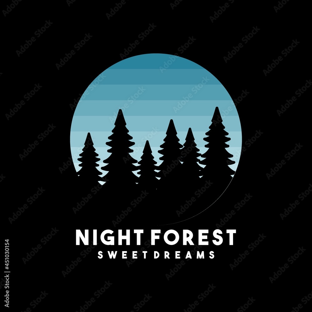 Night Forest background with tree and moon. Vector background. banner design. Paradise poster template illustration.