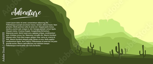 Mountain and HIlls landscape vector illustration with sun, text sample and cactus trees. Nature landscape vector illustration. Used for background, backdrop, desktop background. photo