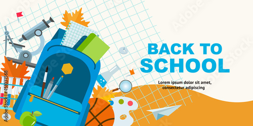 Back to school banner. Colorful school backpack and supplies on a yellow background. Vector design template for invitation, poster, banner, promotion, sale