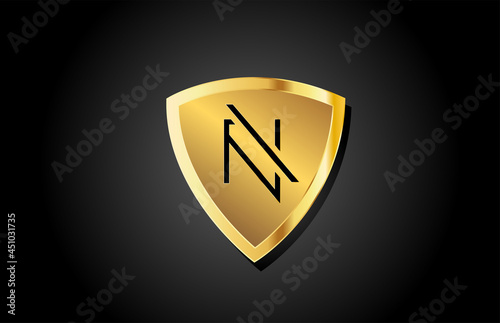 golden shield N luxury alphabet letter icon logo for business and company. Creative template design with gold metal badge