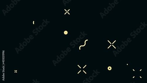 Motion trendy graphic. Geometric pattern. Dynamic banner. Seamless looping. Footage with decorative mobile forms, abstract simple shapes on a dark background.  Video with glowing circles, neon lines