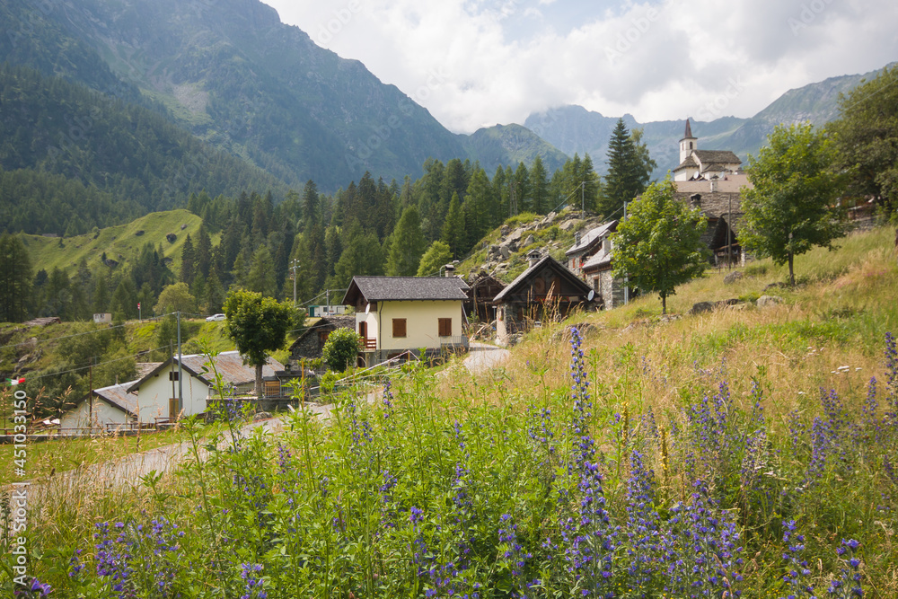 Panoramic view of alpine Cheggio village in Piedmont, Italy
