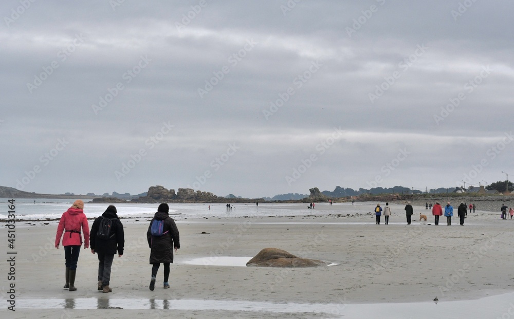 Group of hikers at seaside in Brittany France