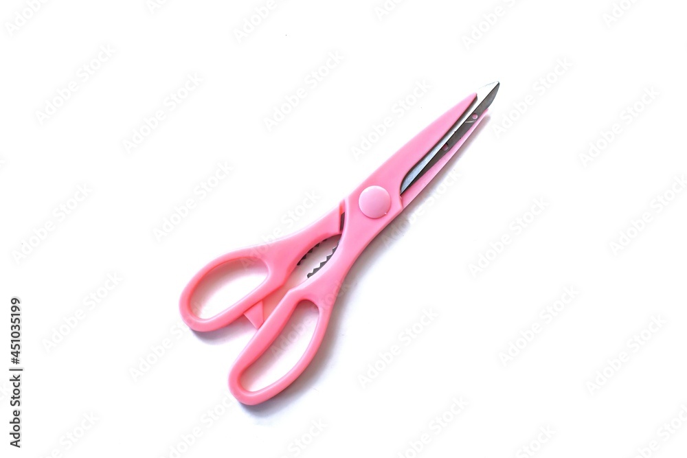 Top view pink scissors isolated on white background. Top view pink scissors isolated on white background.