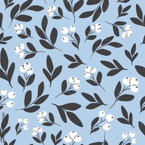 Seamless pattern.Colorful berries on a branch with leaves for design on a blue background. Vector illustration