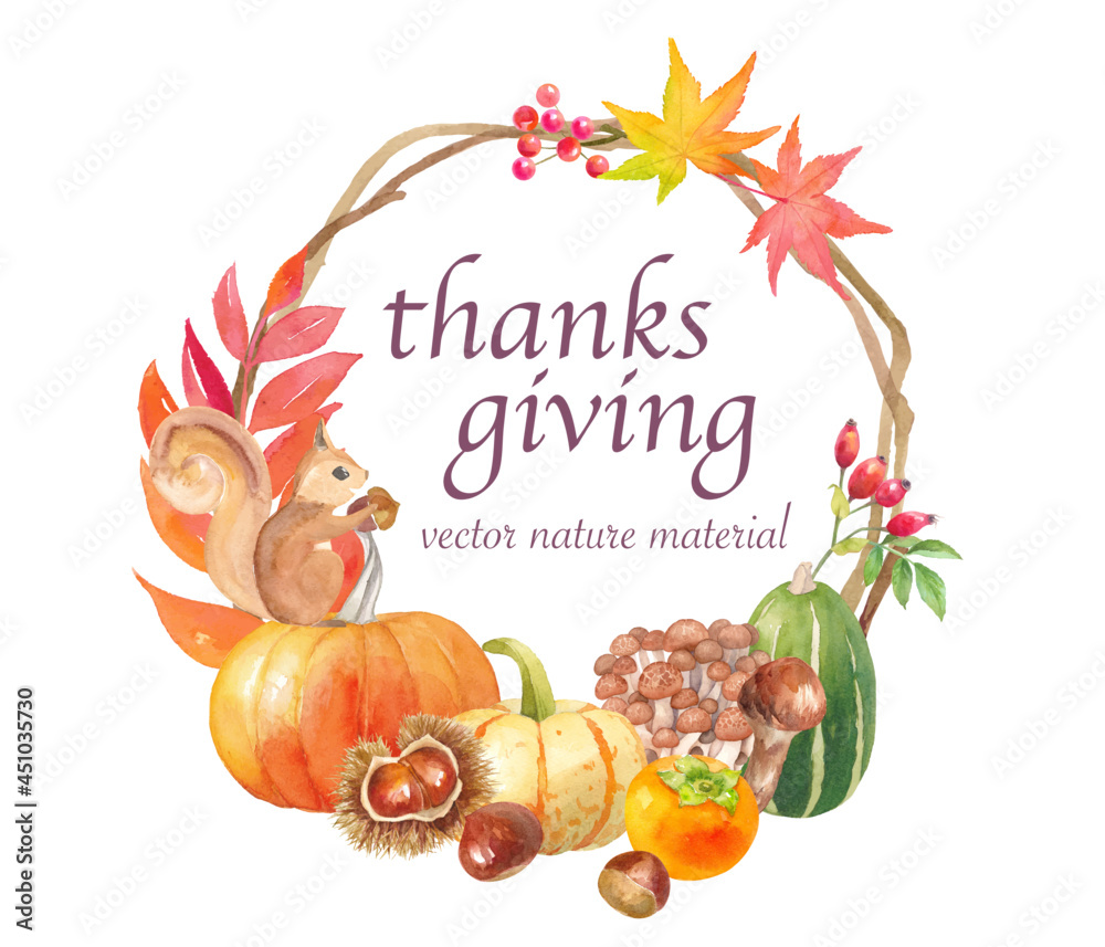 サンクスギビングデー ハロウィンの装飾水彩イラスト 円形フレームデザイン カボチャや栗 柿の収穫 レイアウト変更可能なベクターデータ Stock Vektorgrafik Adobe Stock