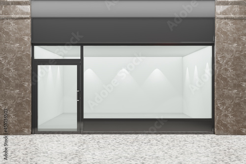 Front view of an empty storefront of shop. Design with black aluminuin and glass marble. 3D Illustration Rendering. photo