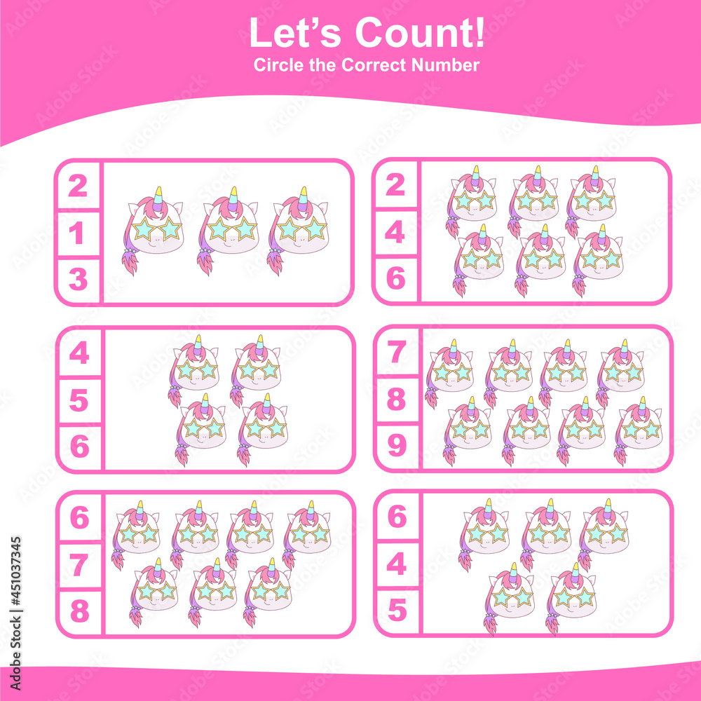 Count and Match Unicorn Game for kids. Unicorn counting game. Math Worksheet for Preschool. Educational printable math worksheet. Vector illustration. Count and Match Unicorn Game for kids. Unicorn counting game. Math Worksheet for Preschool. Educational printable math worksheet. Vector illustration.