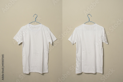 Blank White T-Shirt Mock-up on hanger at wall background, front and rear side view.