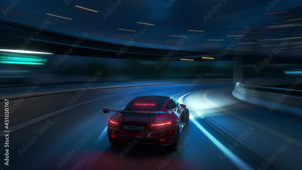 Gameplay of a Racing Simulator Video Game with Interface. Computer Generated 3D Car Driving Fast and Drifting on a Night Hignway in a Modern City. VFX Animation. Third-Person View. Gameplay of a Racing Simulator Video Game with Interface. Computer Generated 3D Car Driving Fast and Drifting on a Night Hignway in a Modern City. VFX Animation. Third-Person View.