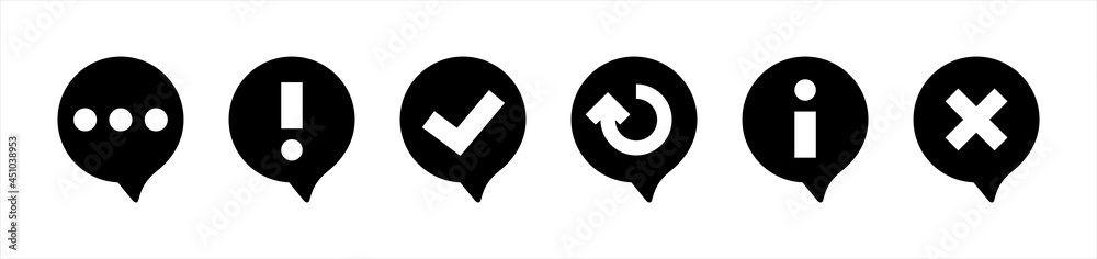 Bubble Info Point icons set. Chat bubble Message, checkmark, exclamation, warning, info, approved, declined icon. vector illustration. Bubble Info Point icons set. Chat bubble Message, checkmark, exclamation, warning, info, approved, declined icon. vector illustration.