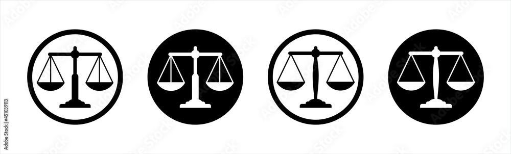 Scale icons set. Scales of justice flat icon set. Vintage scale in balance and equilibrium. Vector illustration Scale icons set. Scales of justice flat icon set. Vintage scale in balance and equilibrium. Vector illustration