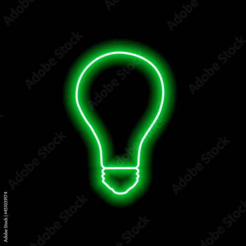 Simple neon green light bulb outline on black background. Vector illustration