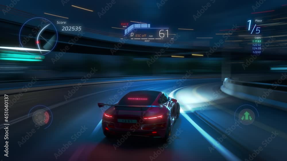 Gameplay of a Racing Simulator Video Game with Interface. Computer Generated 3D Car Driving Fast and Drifting on a Night Hignway in a Modern City. VFX Animation. Third-Person View.