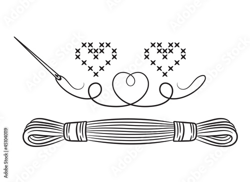 Floss thread skein with sewing needle for cross stitch embroidery handmade fancywork icon. Mouline cotton string for sew needlework. Accessories  for embroider ornament. Made with love. Outline vector