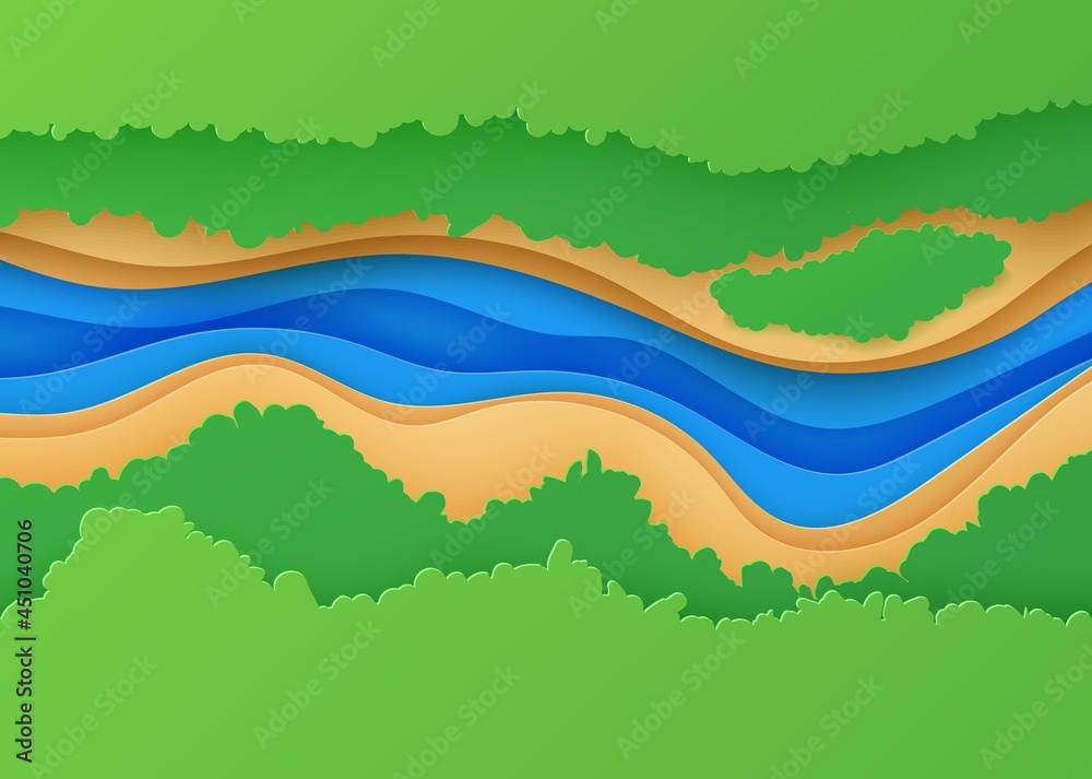 Top view landscape in paper cut style. 3d background aerial view with river green forest canopy and land. Vector papercut card illustration of creative concept idea environment conservation and nature Top view landscape in paper cut style. 3d background aerial view with river green forest canopy and land. Vector papercut card illustration of creative concept idea environment conservation and nature