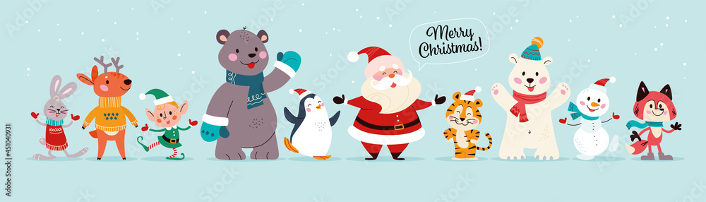 Christmas banner with cute happy winter characters. Santa Claus, elf, snowman, penguin, fox, tiger, deer, polar bear isolated. Vector flat cartoon illustration. For cards, packaging, web, invitation. Christmas banner with cute happy winter characters. Santa Claus, elf, snowman, penguin, fox, tiger, deer, polar bear isolated. Vector flat cartoon illustration. For cards, packaging, web, invitation.