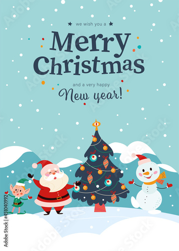 Winter holiday illustration with cute elf and Santa characters at xmas fir tree on snowy mountain landscape. Vector cartoon flat concept. For card, package, banner, invitation, flayer.