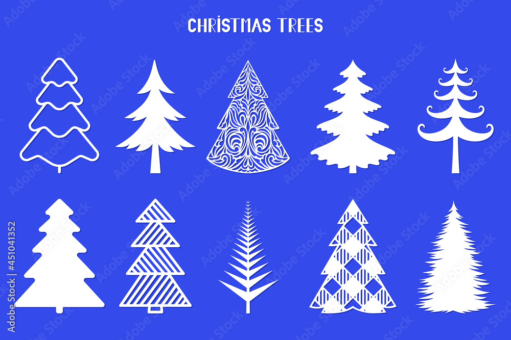 Christmas tree silhouette. Vector set template for laser, paper cutting. Decorative ornate illustration. Trees for cards, flyers, print. Modern design for winter holidays. Home decoration.