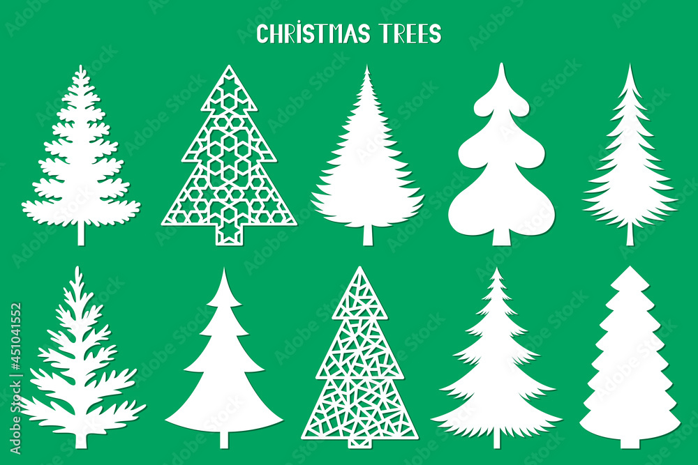 Obraz premium Christmas tree silhouette. Vector set template for laser, paper cutting. Decorative ornate illustration. Trees for cards, flyers, print. Modern design for winter holidays. Home decoration.