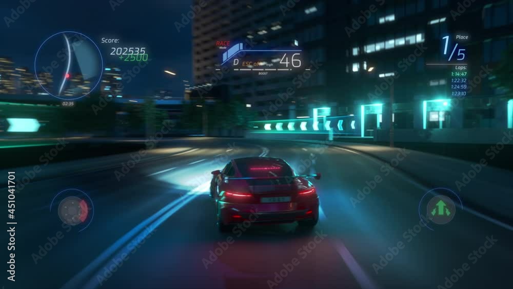 Gameplay of a Racing Simulator Video Game with Interface. Computer Generated 3D Car Driving Fast and Drifting on a Night Hignway in a Modern City. VFX Animation. Third-Person View.