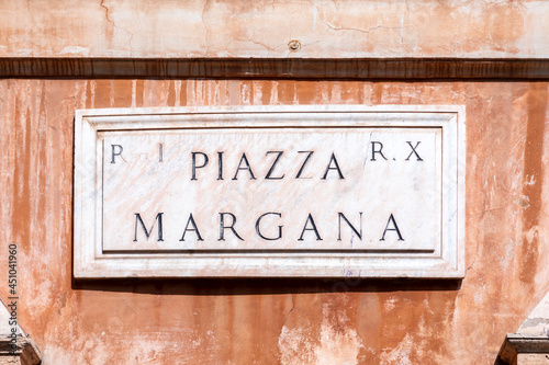 Street name Piazza Margana - engl: Margana square - painted at the wall in Rome