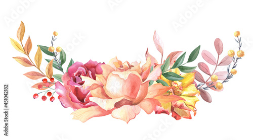 Watercolour arrangement of roses and leaves. Autumn composition withy yellow,pink rose3 photo