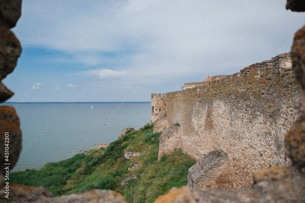 Part of the fortress and Black sea view, Akkerman Fortress in Ukraine, Ancient landmarks and modern recreation. The fortress was built on the remnants of the Greek city of Thira.